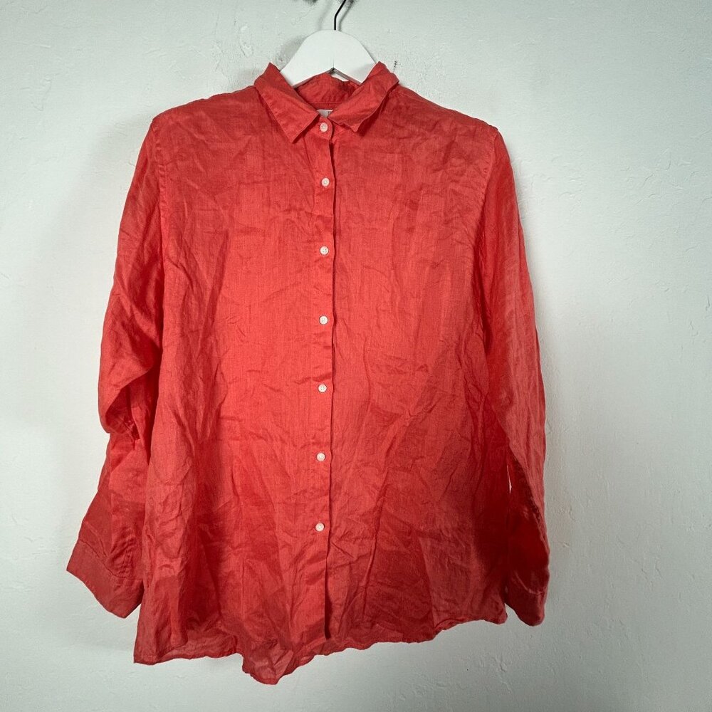 Uniqlo Womens Red 100% Linen Button-Up Long-Sleeve Shirt XXL Lightweight Casual
